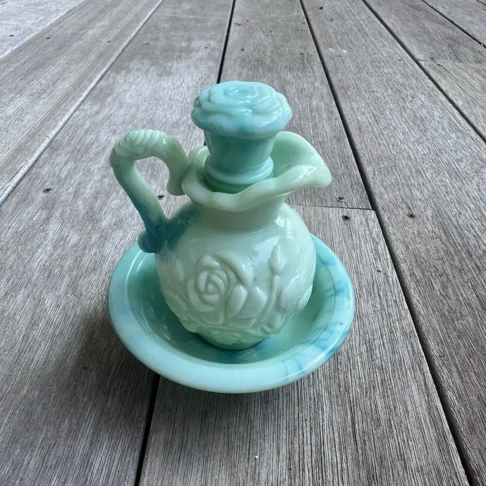 Vintage Avon Jadeite Turquoise Swirl Pitcher w/ Stopper & Basin Dish